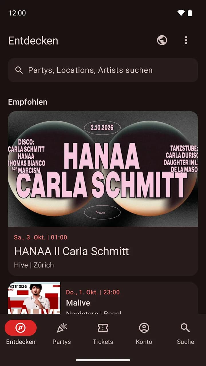 Android app: recommended parties and clubs in Zürich