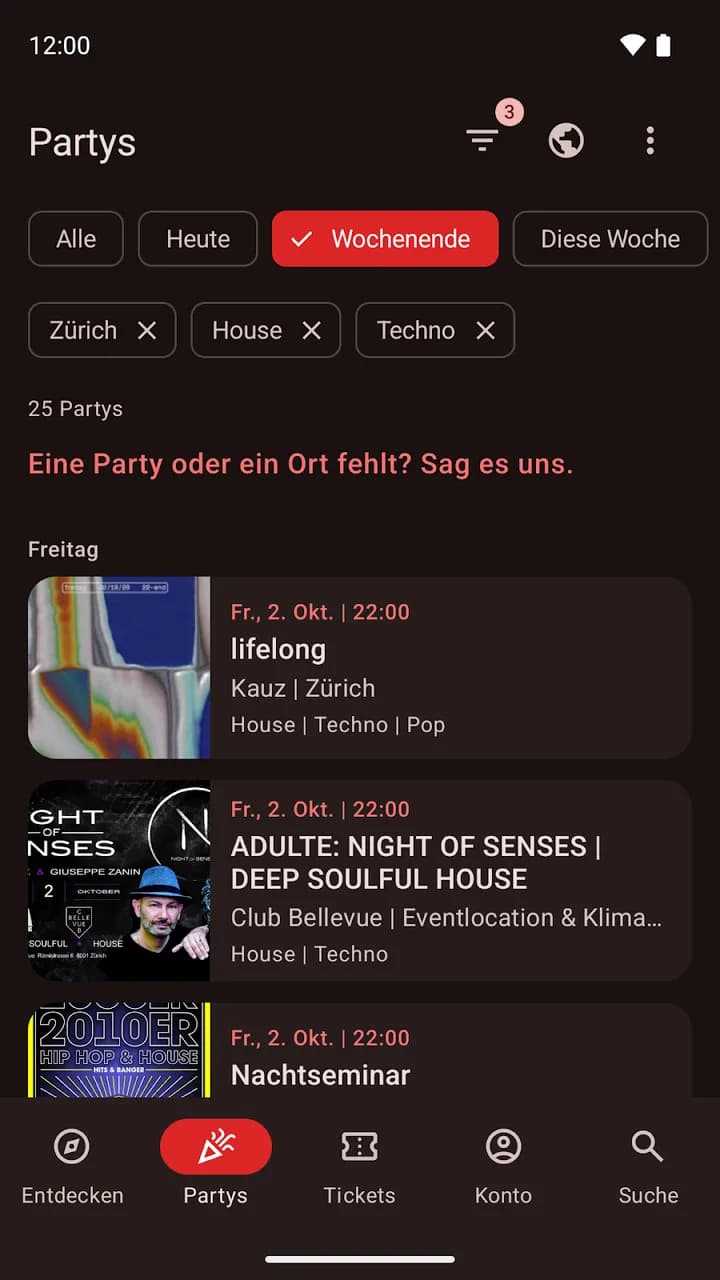 Android app: Zürich parties filtered by weekend, house and techno