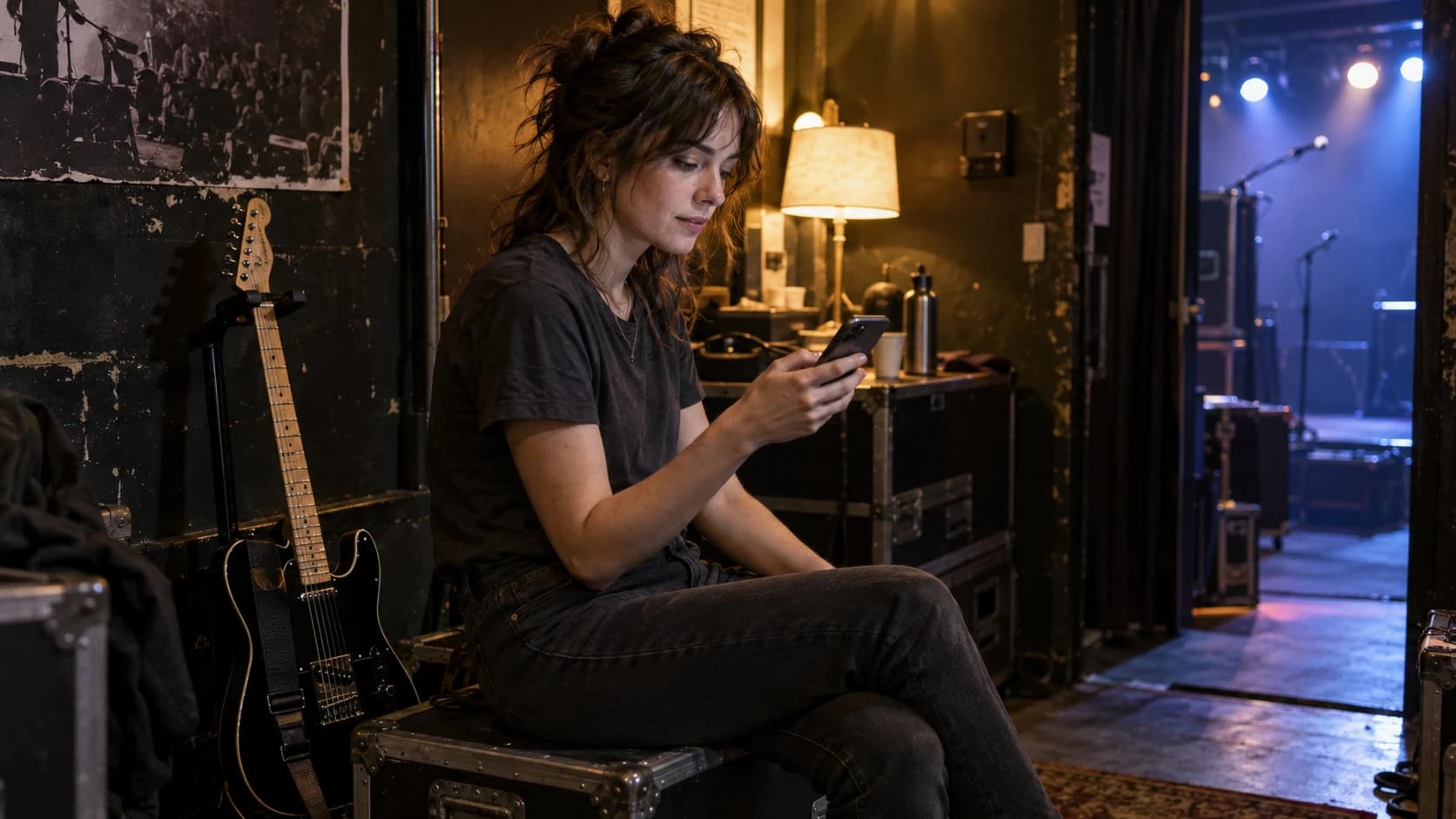 Female musician with a smartphone beside her electric guitar backstage at a club