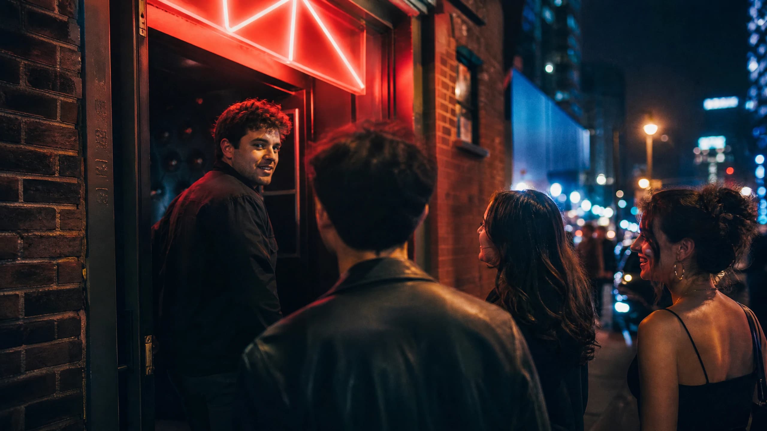 Friends at night in front of a club entrance