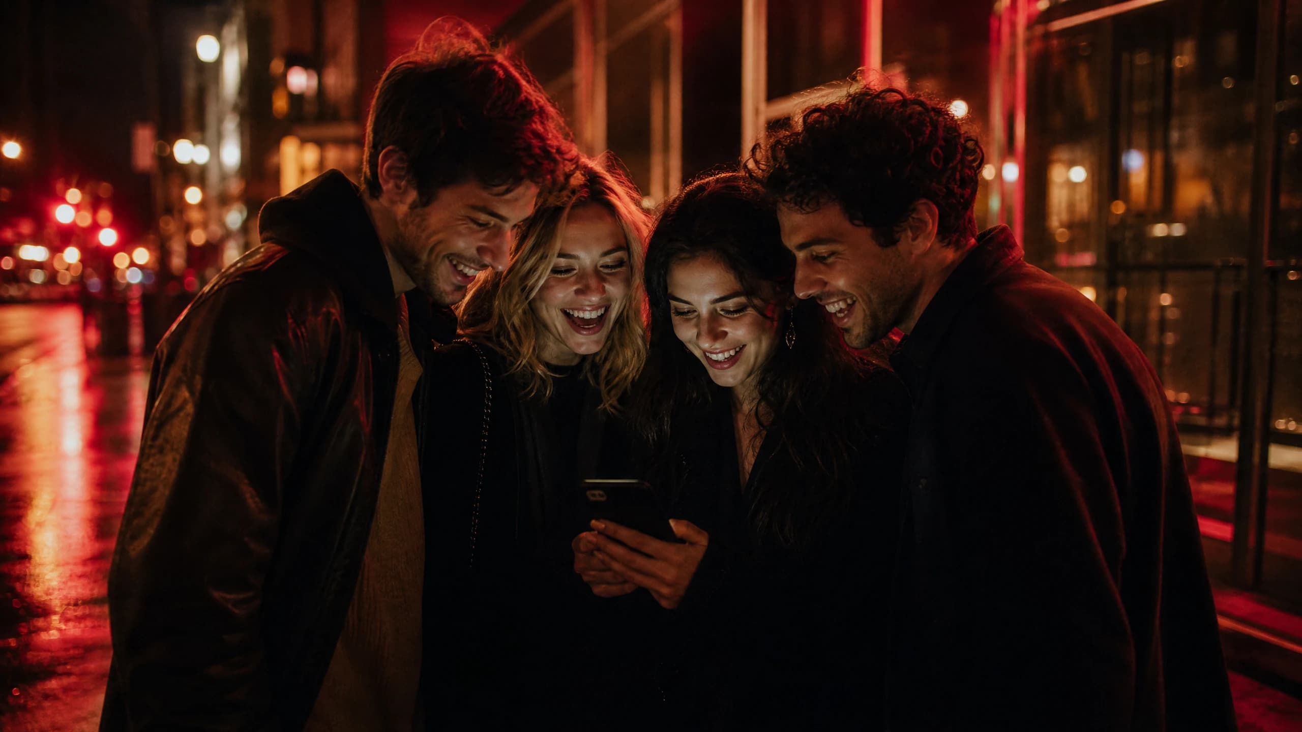 Eine Gruppe Freunde steht nachts auf einer Strasse und schaut gemeinsam auf ein Smartphone, das ihre Gesichter beleuchtet.