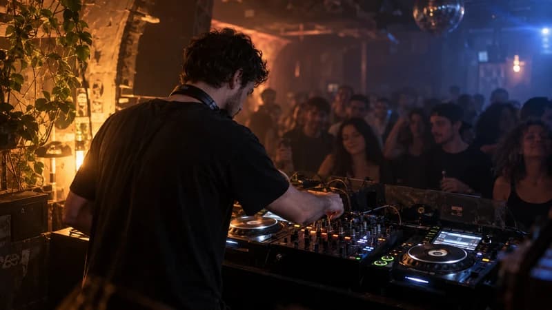 DJ at the mixer facing the crowd in a club with warm and blue lighting
